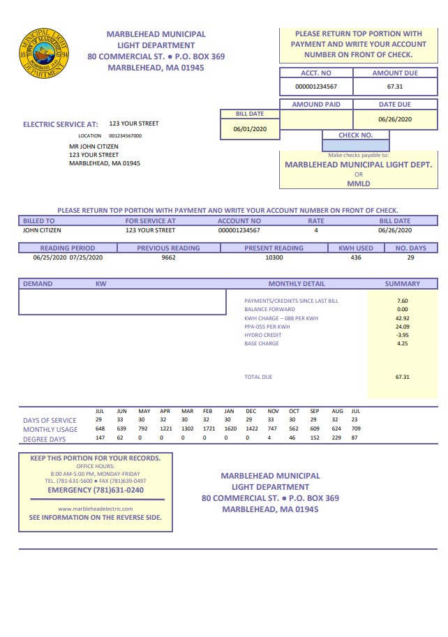 USA Marblehead Municipal Light Department utility bill template in Word and PDF format